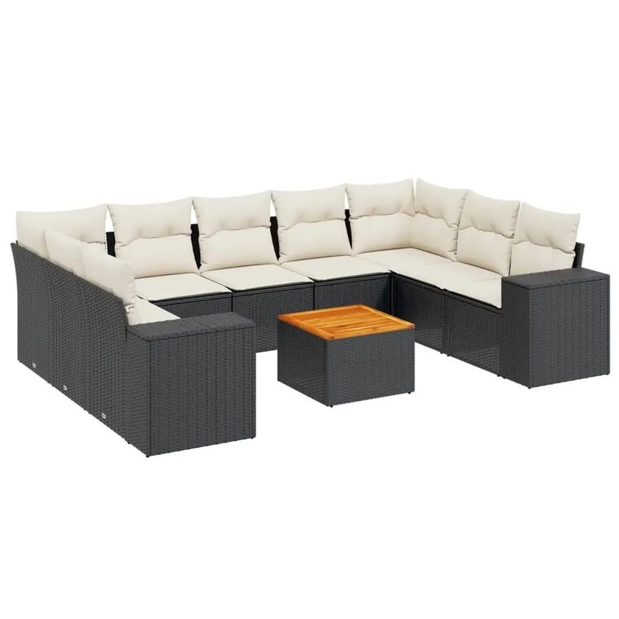 vidaXL 10-tlg. Garten-Sofagarnitur in L-Form aus Polyrattan und Akazienholz mit Kissen in Schwarz-Creme - Bild 2