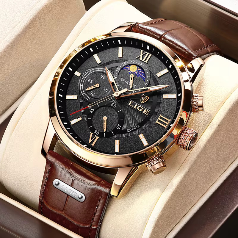 LIGE Armbanduhr Leder, Quarz, Schwarz, Roségold, Herren - Bild 6