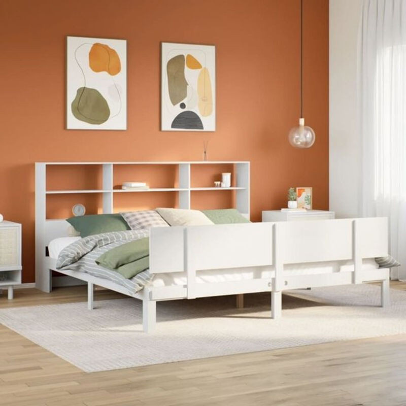 Massivholzbett Vidaxl aus Kiefer mit Regal in Weiß, B/T/H: 180 x 200 x 110 cm - Bild 1