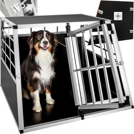 tectake Hundetransportbox Doppel aus Aluminium und furniertem Holz mit gerader Rückwand und Gittertür, Schwarz, B/T/H: 97 x 90 x 69,5 cm