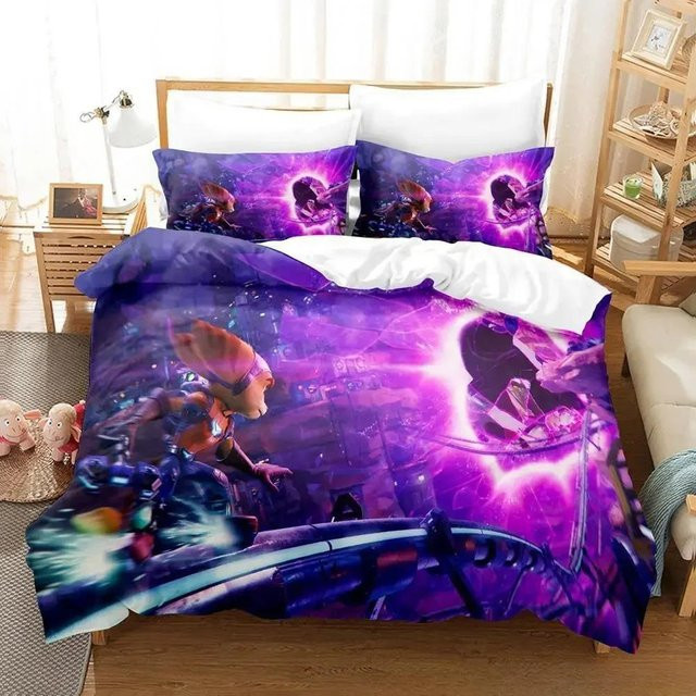 Ratchet Clank Rift Apart Bettwäsche-Set von Binchi Outdoor Product, dreiteiliges 3D Design Schlafzimmer-Set mit Bettbezug und Kissenbezügen, Farbe: Lila, B/H: 180 x 210 cm - Bild 1