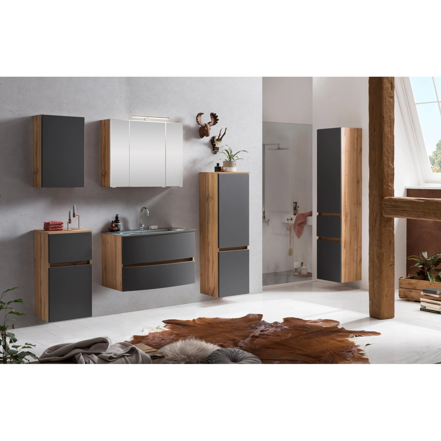 Held Möbel Waschtisch-Set Salerno 2-tlg. in matt Grau-Wotaneiche mit Glasbecken und Spiegelschrank, Breite: 80 cm - Bild 2