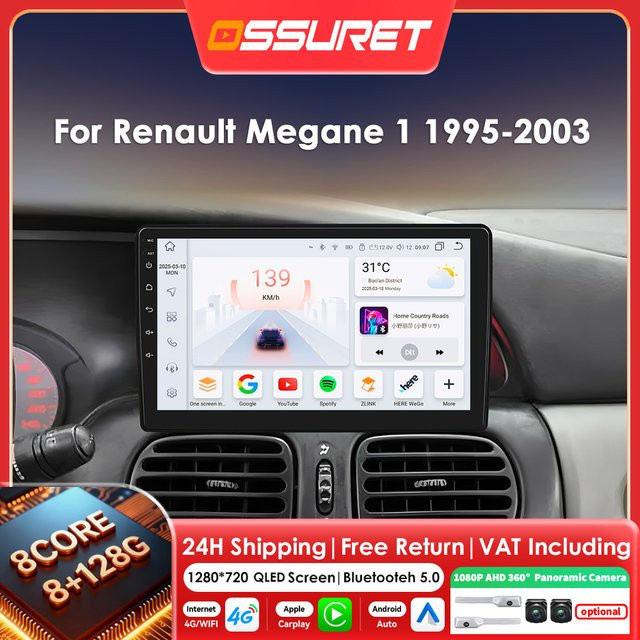 OSSURET Android 14 Autoradio für Renault Megane 1 (1995-2003) mit CarPlay, GPS, 360 Kamera und RDS in Schwarz - Bild 1