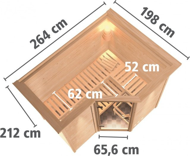 Karibu Massivholzsauna Steena 2 Bio-Kombisauna mit 9,0 kW BioKombiofen, Steuergerät und Dachkranz, Farbe: Natur/Braun/Weiss, B/T/H: 236 x 212 x 198 cm - Bild 1