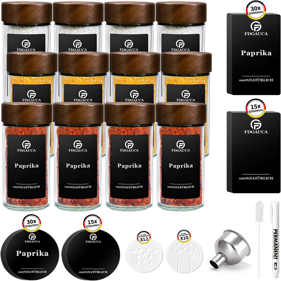 SIAZIH Gewürzglas Set aus Glas mit Rosenholzdeckel und Gewürzetiketten, transparent/braun, 100 ml pro Glas - Bild 2