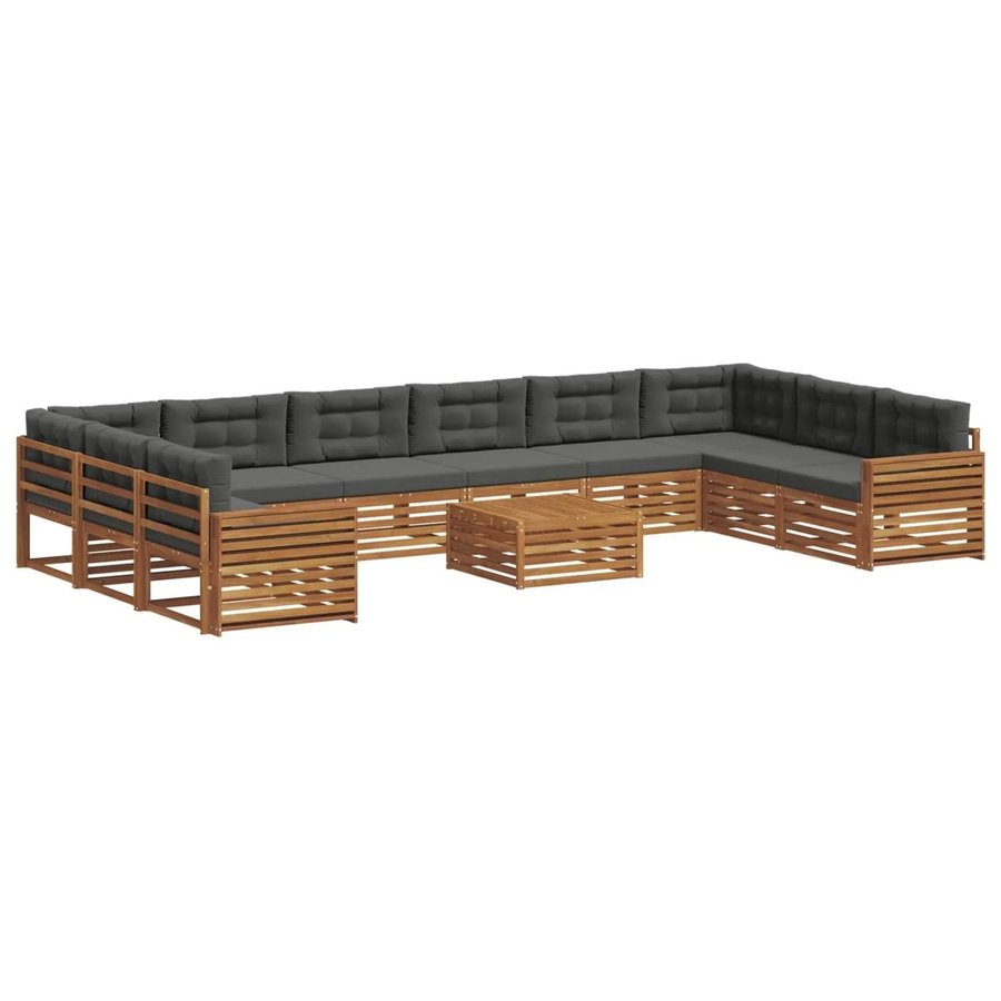 vidaXL Sofagarnitur aus Akazie Massivholz in U-Form, 11-teiliges Set in Natur und Anthrazit mit Polsterung und Kissen - Bild 2
