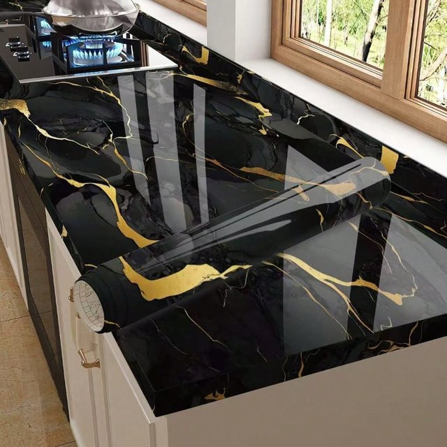 TTOKKONG WALLPAPER Selbstklebende Marmor Tapete in Schwarz mit metallischer und reflektierender Oberfläche, wasserdichte Wandgestaltung für moderne Dekorationen - Bild 1