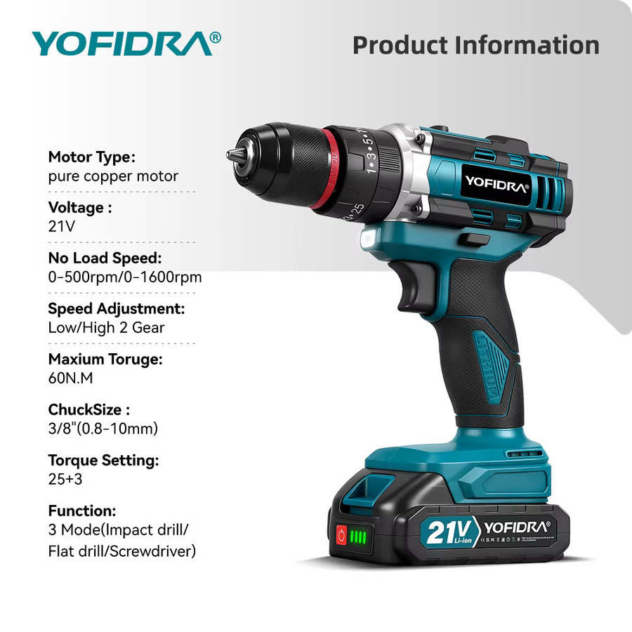 YOFIDRA 3-in-1 Akku-Schlagbohrmaschine mit 25+3 Drehmomentstufen für Makita 18-21V Akkus - Bild 2