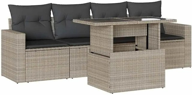 vidaXL 5-tlg Garten-Sofagarnitur aus Polyrattan in Hellgrau mit Tisch und Kissen - Bild 1