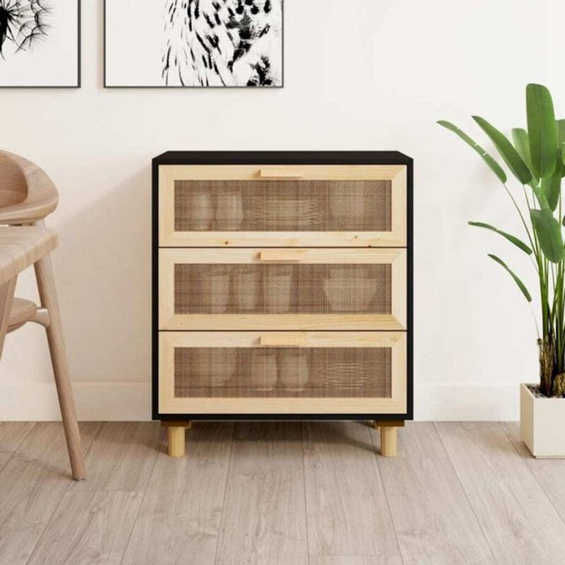 vidaxl Sideboard in Schwarz aus Massivholz Kiefer und Natur-Rattan im skandinavischen Design, B/T/H: 60 x 30 x 70 cm - Bild 1
