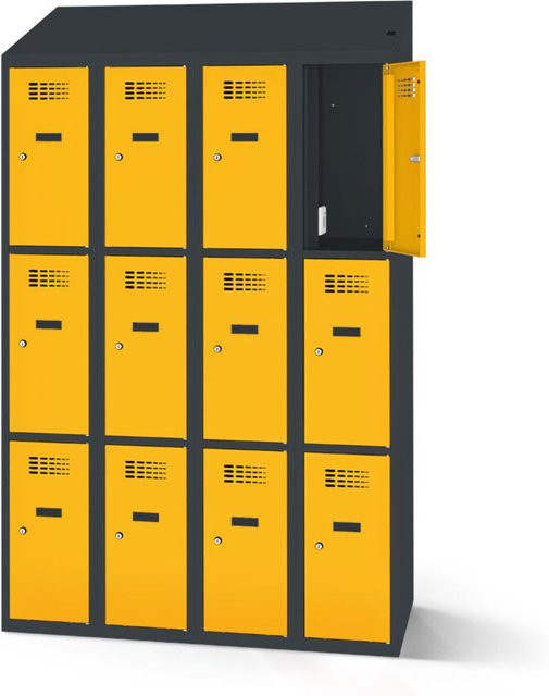 rotstahl Fächerschrank mit Ladefunktion in Gelb und anthrazitgrauem Korpus, 12 Fächer (4x3), B: 120 cm, H: 200 cm - Bild 1