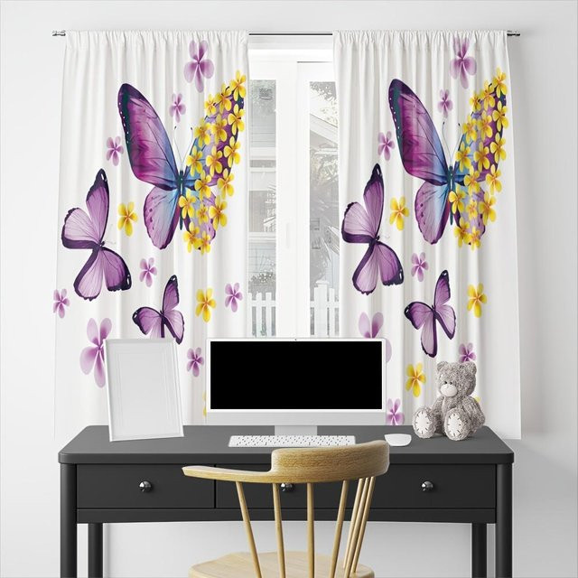 2er-Set dekorative Vorhänge mit Schmetterlings- und Blumenmuster, halbtransparent, B: 50 cm, H: 130 cm - Bild 1