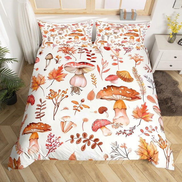 Jinmeige Bettwäsche-Set mit Pilz- und Pflanzenmotiv, B/B: 135 x 200 cm, Mehrfarbig - Bild 1