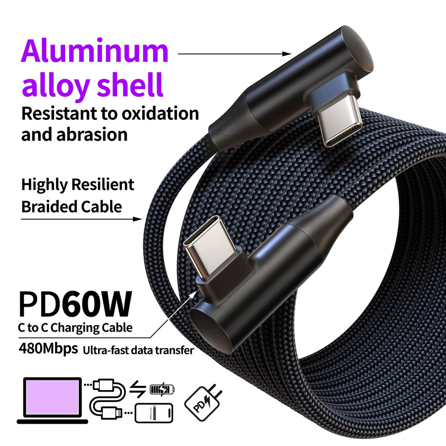 USB-C zu Typ-C Schnellladekabel 60W 3A mit 90 Grad angewinkeltem Design aus Nylon geflochten in Schwarz für Smartphones, Tablets und Kopfhörer - Bild 3