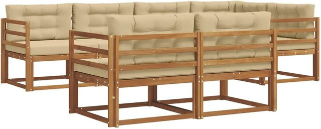 vidaXL Outdoor-Sofagarnitur aus Akazienholz in L-Form, 7-teiliges Set in Natur und Beige mit Kissen und Armlehnen - Bild 1