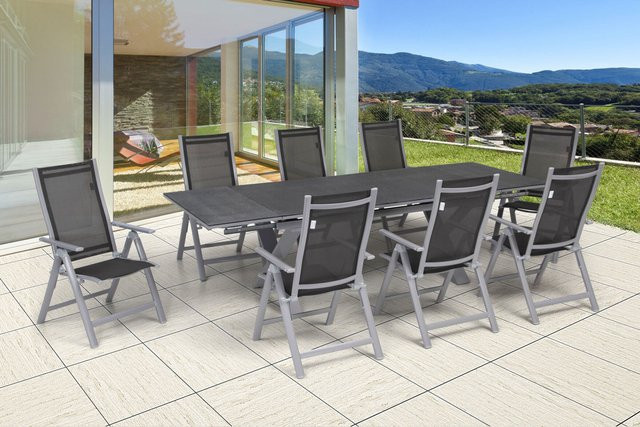 OUTFLEXX Garten-Essgruppe aus Aluminium und Textil in Silber mit ausziehbarem Tisch und 8 Klappstühlen - Bild 1