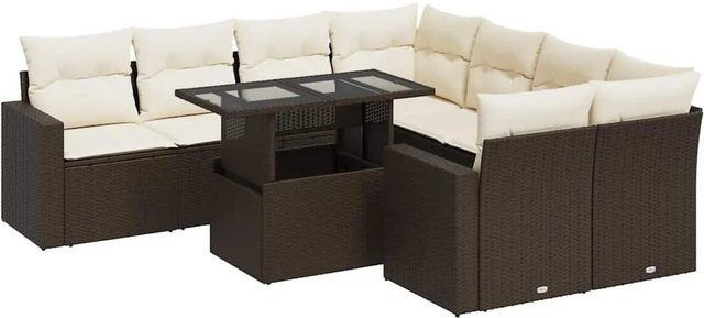 vidaXL 9-tlg. Garten-Sofagarnitur in L-Form aus braunem Poly-Rattan mit cremeweißen Kissen - Bild 1