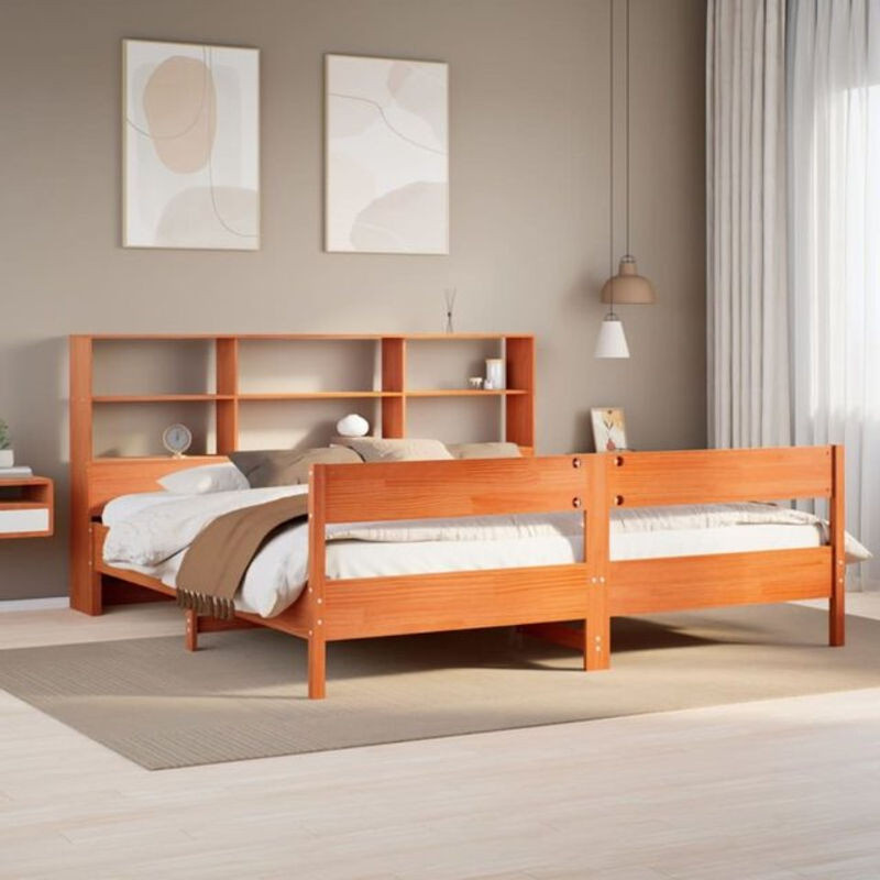 Massivholzbett aus Kiefer mit Regal von Vidaxl in Braun, B/T/H: 180 x 200 x 110 cm - Bild 1