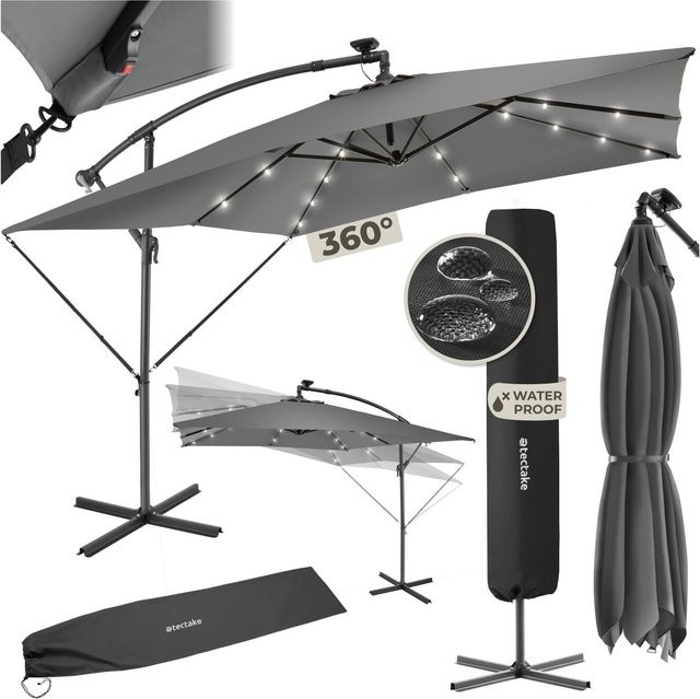 tectake Sonnenschirm Grau mit LED Solar-Beleuchtung, stufenlos verstellbarer Neigungswinkel, wasserabweisend, B/T: 250 x 250 cm - Bild 1