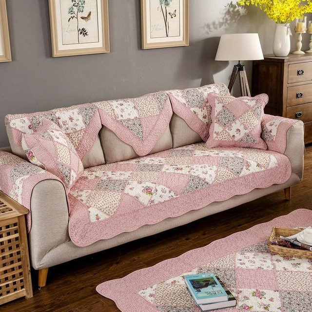 Rutschfester Sofaüberwurf im Blumen-Karo-Design aus Baumwolle, Farbe: Pink, B/H: 90 x 70 cm - Bild 1