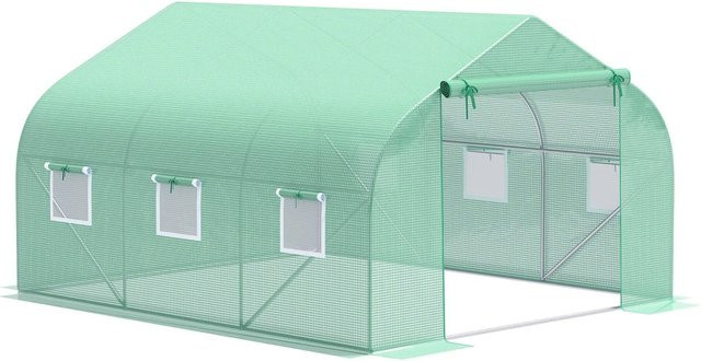 Furnicato Gewächshaus aus Folie in Grün und Transparent mit Rollbar, Reißverschlusstür, 6 Netzfenstern und Stützstangen, B x T x H: 3,5 x 3 x 2 m - Bild 1