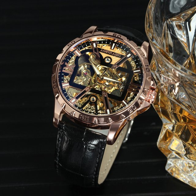 AOKULASIC Armbanduhr Automatik, Skelett, Edelstahl, Leder, Herren, Schwarz - Bild 1