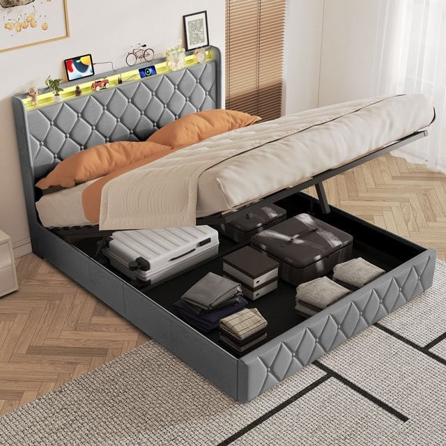 Anajqaqia Polsterbett mit Stauraum aus Samt in Grau, B/T/H: 140 x 200 cm - Bild 1