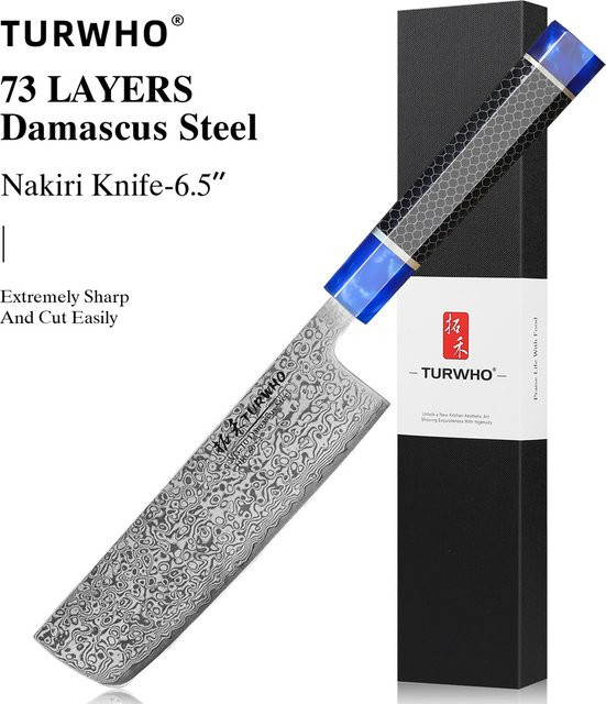 TURWHO Japanisches Nakiri Kochmesser aus Damaszener Stahl mit Harzgriff, 16,5 cm - Bild 1