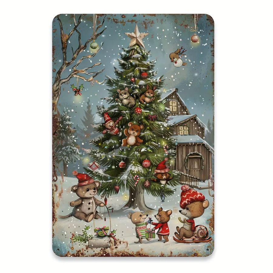 MINISO Vintage-Weihnachtsbaum-Metallschild mit Bär und Schneehaus in Mehrfarbig - Bild 2