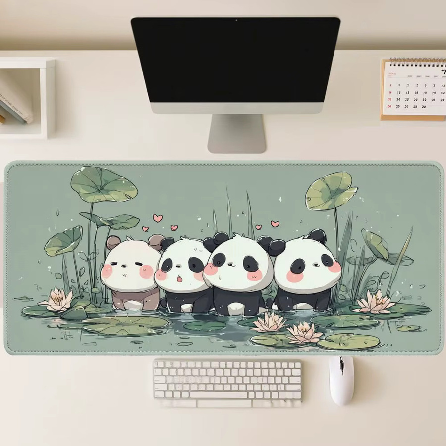 Großes Gaming-Mauspad im Anime-Stil mit Panda-Design und Lotus-Teich, grüne Schreibtischunterlage für Büro und PC-Zubehör - Bild 2