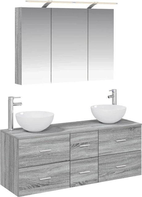 vidaXL Badezimmermöbel-Set 4-teilig in Grau, bestehend aus Waschtischunterschrank, Spiegelschrank mit LED-Beleuchtung und Seitenschrank aus Holz und Glas - Bild 1