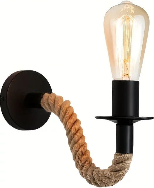 JOYINLED Wandleuchte im Vintage-Industrie-Stil aus Holz und Metall mit Hanfseil, Farbe Schwarz, Fassung E27 - Bild 1