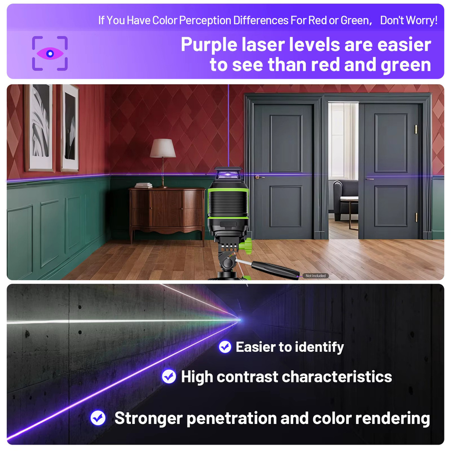 HUEPAR Laser-Wasserwaage Lila, selbstnivellierend mit 360 Grad Kreuzlinie, Pulsmodus und 3 Helligkeitsstufen, inklusive Magnetfuß - Bild 5