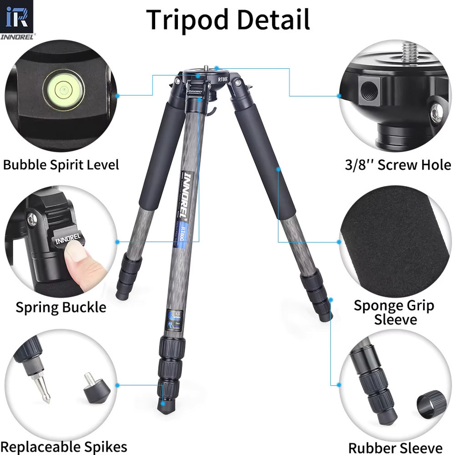 INNOREL RT80C Kohlefaser-Kamerastativ in Schwarz mit 75 mm Schüsseladapter für DSLR, Video und Camcorder - Bild 5