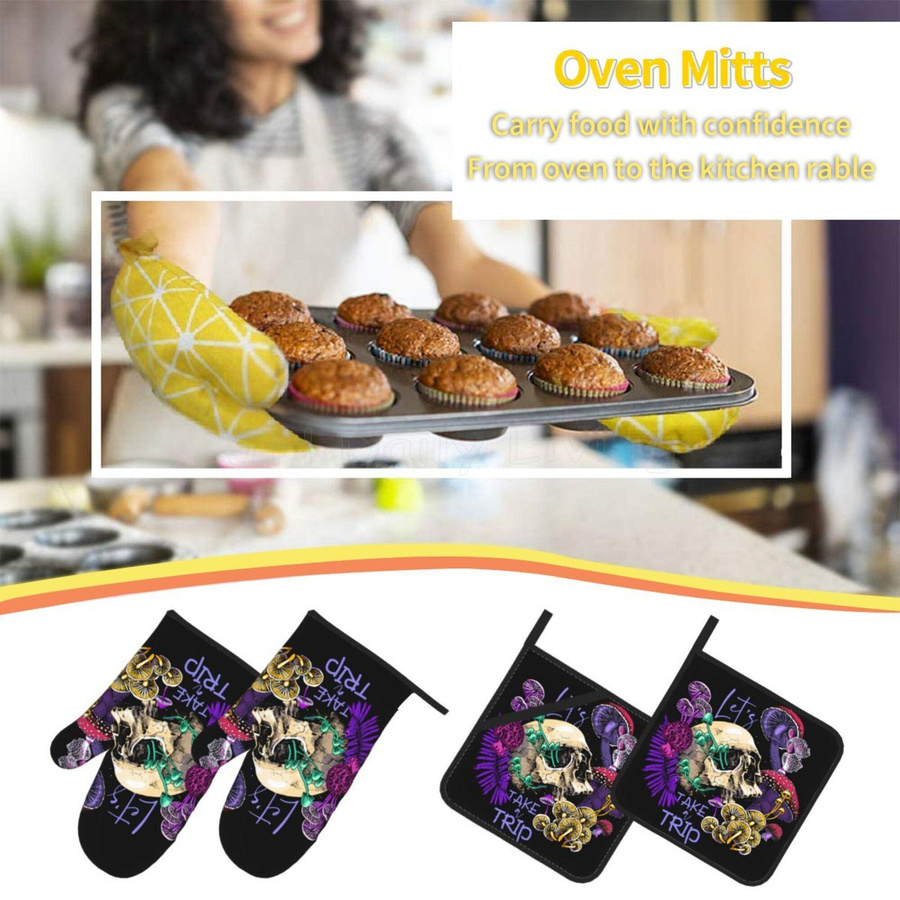 Set aus 4 hitzebeständigen Topflappen und Topfuntersetzern mit Pilz-Schädel-Motiv in Multicolour, rutschfest mit Baumwollfutter und Aufhängeschlaufe - Bild 5