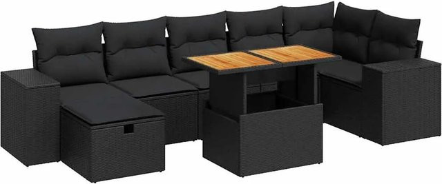 vidaXL Garten-Sofagarnitur 5-teilig aus Poly-Rattan und Akazienholz in Schwarz mit Kissen - Bild 1