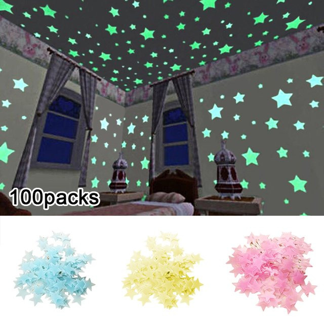 HUXUAN 100er Set Leuchtende Sterne Wandaufkleber Glow In The Dark in Bunt für Kinderzimmer Dekoration - Bild 1