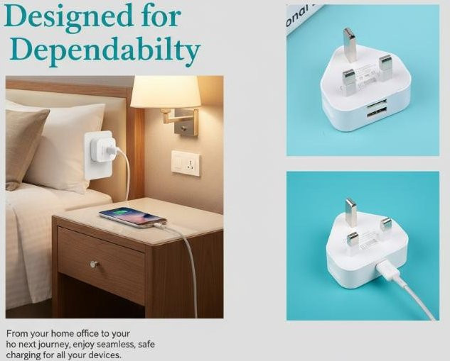 Universeller UK-Stecker 3-Pin Wandladegerät-Adapter mit USB-Anschlüssen in Weiß - Bild 1