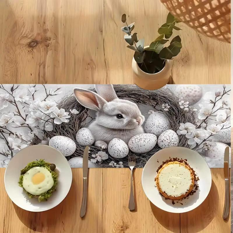 VIKAMA Tischläufer mit Hasen- und Blumenmotiv für Ostern, rechteckige Tischdecke aus Leinen, B/T: 90 x 33 cm - Bild 2