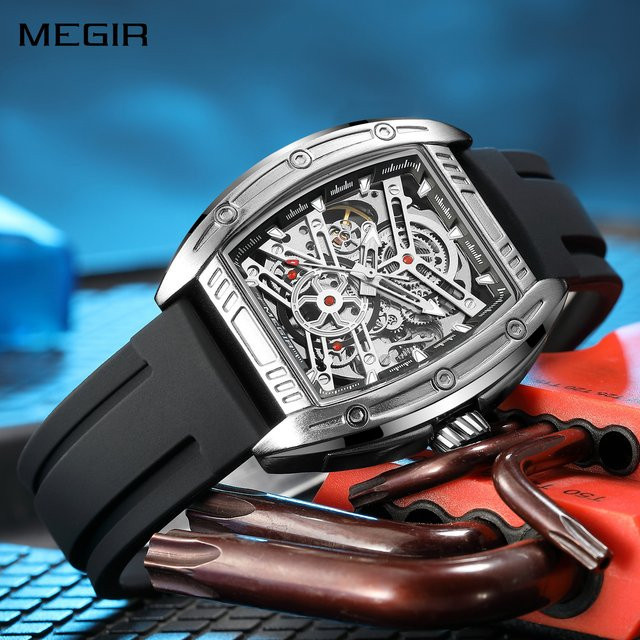 MEGIR Armbanduhr Automatik, Silber, Silikon, 44 mm, Herren - Bild 1