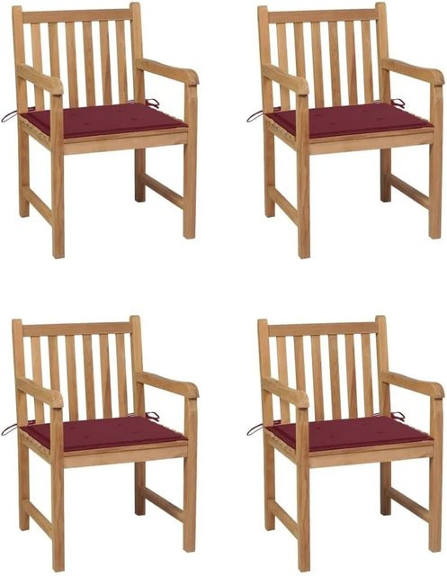 vidaXL Gartenstuhl-Set 4er Pack aus Teak-Massivholz mit weinroten Polsterkissen in Braun und Rot - Bild 1