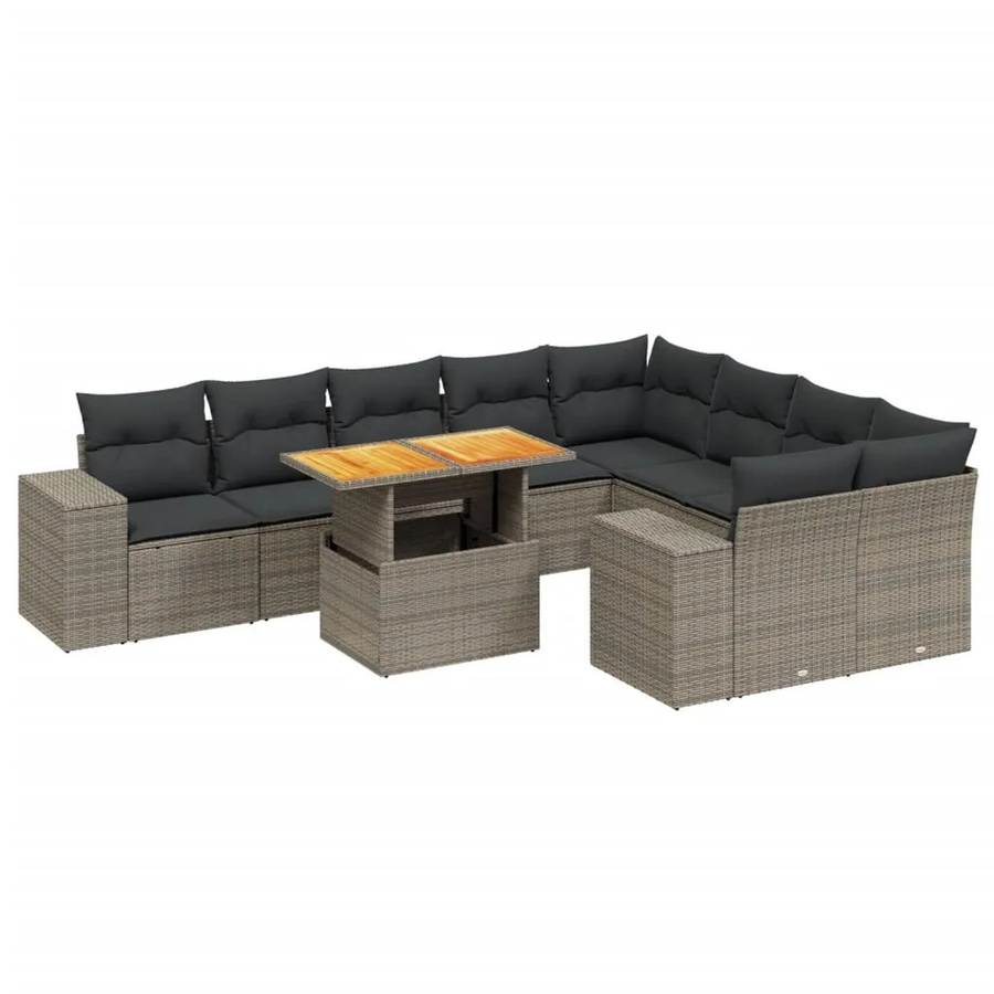 vidaXL 10-tlg. Garten-Sofagarnitur in L-Form aus Polyrattan und Akazienholz mit Kissen in Grau - Bild 2