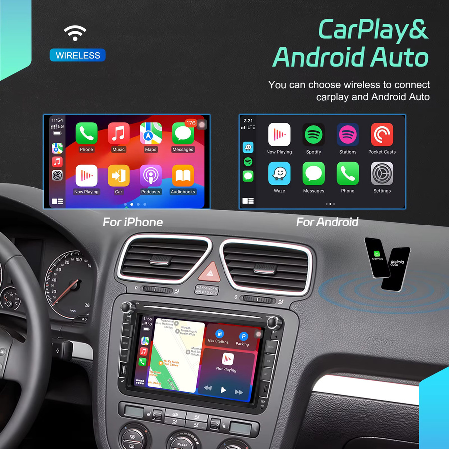 Podofo 8 Zoll 2 Din Auto-Multimedia-Player mit GPS und KI-Sprachassistent in Schwarz für Seat, VW und Skoda - Bild 3