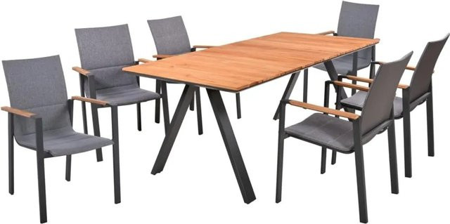 DELUKE Garten-Sitzgruppe FAYE 7-teilig aus Teakholz in Dunkelgrau mit Esstisch und Stapelstühlen - Bild 1