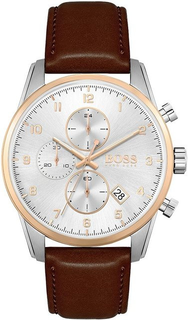 Hugo Boss Chronograph, Herrenuhr, Quarz, Edelstahl, Leder, 44 mm, Weiß - Bild 1