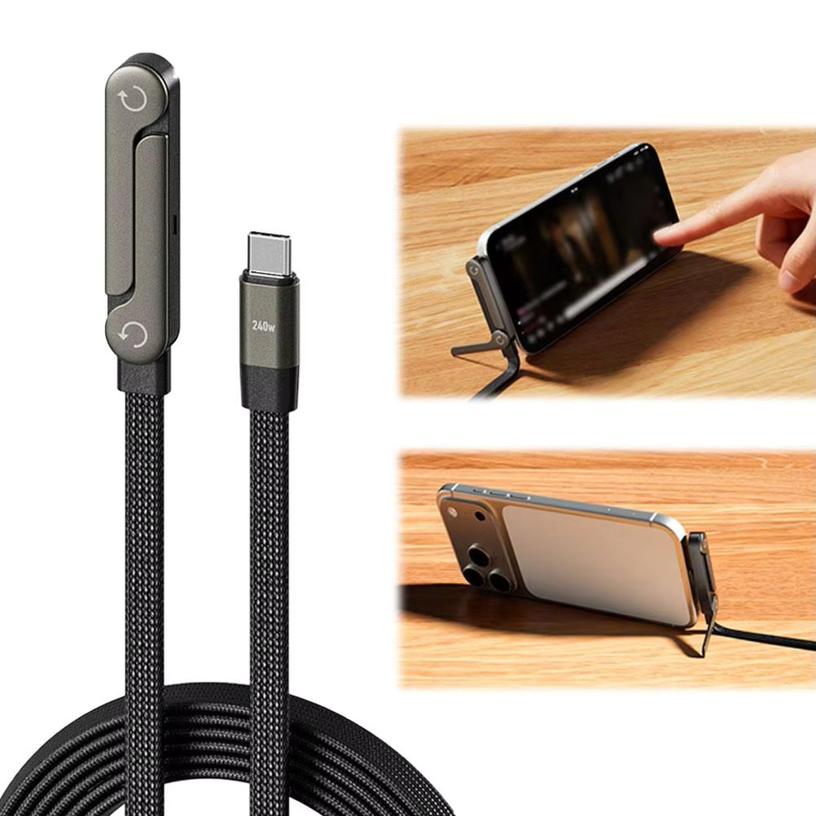 2-in-1 USB-C Ladekabel mit 240 W und integriertem Telefonhalter für iPhone 15-17 und Huawei, Schwarz - Bild 2