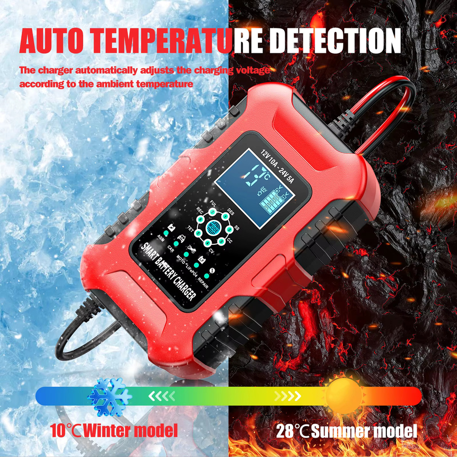 Podofo Intelligentes Auto- und Motorrad-Batterieladegerät in Rot mit 7-Stufen-Ladung, Pulsreparatur und Wartungsfunktion für 6-180Ah AGM Batterien - Bild 5