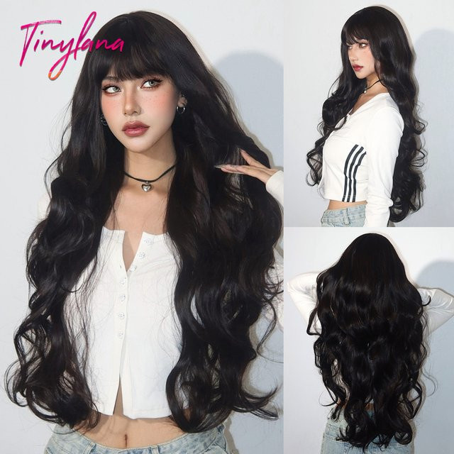 TINY LANA Perücke, Afro Dark Water Wave, schwarz, gewellt, mit Pony, Damen - Bild 1