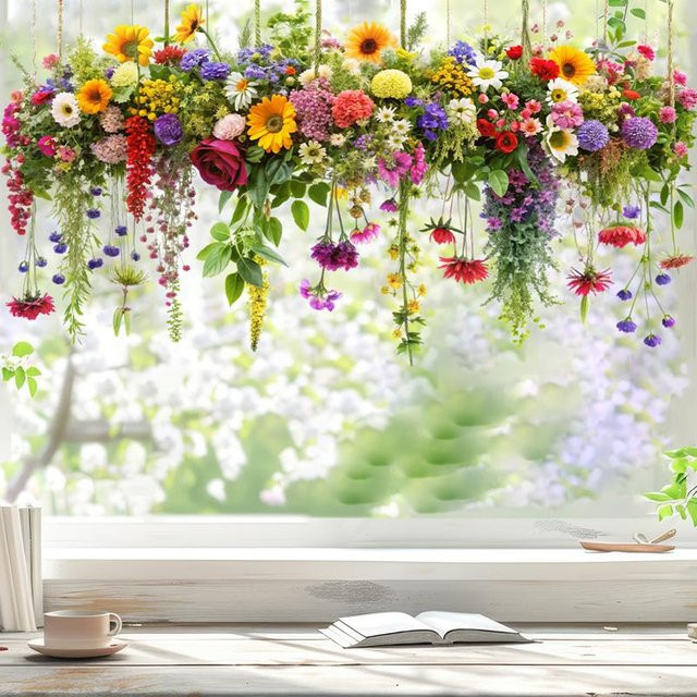Binchi Outdoor Product Elektrostatische Vinyl-Sticker mit hängender Blumenranke Orchidee und Gänseblümchen in Mehrfarbig für Glas, Fenster und Wand zur Heimdekoration - Bild 1
