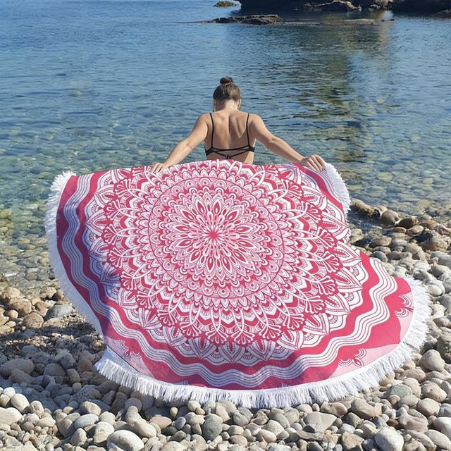 Rundes Blumen-Mandala Strandtuch von JMG Household Supplies in Pink, schnelltrocknend und sandfest aus Mikrofaser, Durchmesser: 100 cm - Bild 1